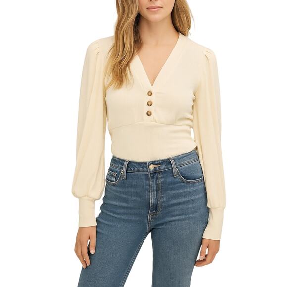 ME+EM V Neck Long Sleeve Ribbed Top In Cream Size UK 10 (US 6) - Picture 1 of 6